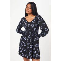 Womens Petite Blue Floral Shirred Waist V Neck Mini Dress