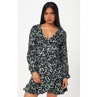 Womens Petite Khaki Animal Wrap Mini Dress