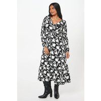Dorothy Perkins Womens Midi Dress Mono Floral Print V-Neck Ruffle
