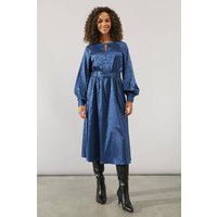 Wallis Womens Midi Dress Navy Jacquard Satin Belted Balloon Sleeves