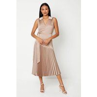 Coast Womens Wrap Dress Bronze Pleated Panel Midi Crepe Elegant Sleeveless