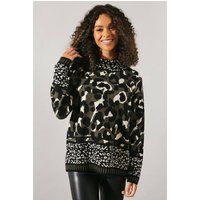 Wallis Womens Jumper Khaki High Neck Mixed Animal Print Long Sleeve Casual