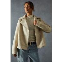 Misspap Womens Biker Jacket Cream Wool Look Asymmetrical Zip Casual Coat