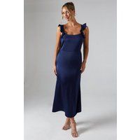 Oasis Womens Satin Midi Dress Navy Ruffle Square Neck Tie Closure
