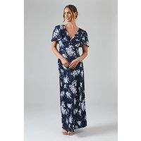 Oasis Womens Maxi Dress Navy Floral V-Neck Sleeveless Satin Twist Front