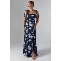 Oasis Womens Maxi Dress Navy Floral Satin Sleeveless Tie Shoulder Fit Flare
