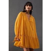 Warehouse Womens Mini Dress Yellow Tie Neck Chiffon Long Sleeve Casual