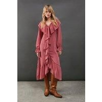 Warehouse Womens Midi Dress Rose Ruffle Detail V-Neck Balloon Sleeve