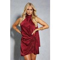 Misspap Womens Mini Dress Berry Satin Ruched Wrap Sleeveless High Neck