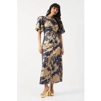 Warehouse Womens Midi Dress Metal Elegant Ruched Front Dramatic Puff Sleeves