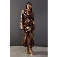 Warehouse Womens Midi Dress Metal Marble Effect Twist Front Long Sleeve