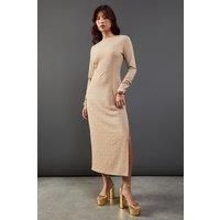 Warehouse Womens Midi Dress Taupe Jacquard Scoop Neck Sleeveless