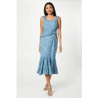 Coast Womens Midi Dress Sophisticated Blue Jacquard Twist Waist Sleeveless