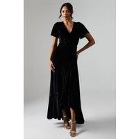 Debut London Womens Bridesmaids Dress Black Velvet Angel Sleeve Waterfall Detail