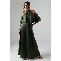 Debut London Womens Maxi Dress Olive Halterneck Cold Shoulder Satin
