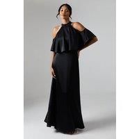Debut London Womens Maxi Dress Black Halterneck Cold Shoulder Satin