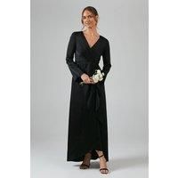 Debut London Womens Bridesmaids Dress Black Satin Long Sleeve Waterfall Detail