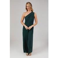 Debut London Womens One Shoulder Bridesmaid Jumpsuit Emerald Ruched Scuba Crepe