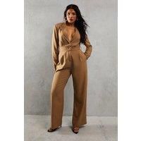 Misspap Womens Jumpsuit Camel Tailored Collared Belted Wide Leg Long Sleeve
