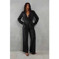 Misspap Womens Jumpsuit Black Tailored Collared Belted Wide Leg Long Sleeve