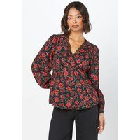 Womens Red Floral Lace Trim V Neck Blouse