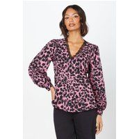 Womens Pink Abstract Lace Trim V Neck Blouse