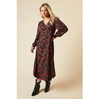 Womens Petite Floral Lace Trim Midi Dress