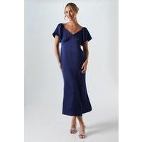 Oasis Womens Fit Flare Dress Navy Satin V-Neck Angel Sleeve Midi
