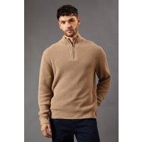 Mens Cotton Rich Ribbed Half Zip Jumper - Taupe - Xl