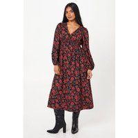 Womens Petite Red Floral V Neck Shirred Waist Midi Dress