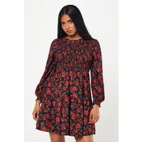 Womens Petite Red Floral Shirred Bodice Mini Dress