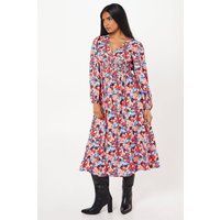 Dorothy Perkins Womens Midi Dress Floral Floral V Neck Shirred Waist Long Sleeve