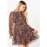 Womens Leopard Chiffon Tie Neck Mini Dress
