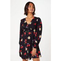 Womens Black Floral Button Front Mini Dress