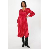 Womens Red Spot Tie Front Ruffle Midi Dress