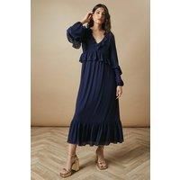 Oasis Womens A-Line Dress Flowy Chiffon Midi Navy Ruffle Neck Long Sleeve