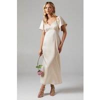Oasis Womens Bridesmaids Dress Satin Champagne Midi Angel Sleeve Elegant Wedding