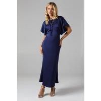 Oasis Womens Bridesmaids Dress Navy Satin Cape Sleeve Tie Neck Midi