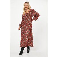Womens Petite Red Rose Ditsy Tie Front Shirred Cuff Midi Dress