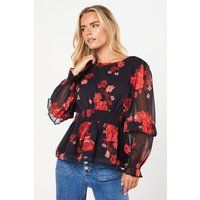 Womens Petite Red Floral Ruffle Long Sleeve Chiffon Blouse