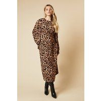 Womens Animal Shirred Cuff Midi Dress