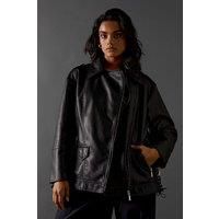 Oversized Whipstitch Detail Leather Jacket