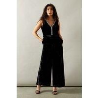 Wallis Womens Jumpsuit Black Velvet Embellished V Neck Sleeveless Wide Leg