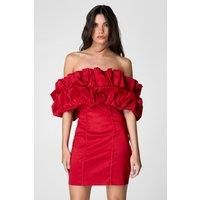 Taffeta Ruched Bardot Mini Dress