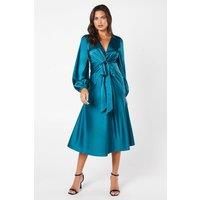 Coast Womens Midi Dress Teal Satin Plunging Neckline Long Balloon Sleeves