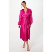 Coast Womens Midi Dress Pink Satin Plunging Neckline Long Balloon Sleeves