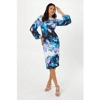 Coast Womens A-Line Dress Multi Floral Print Satin Midi Long Sleeve