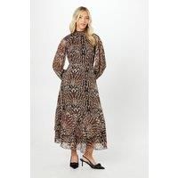 Dorothy Perkins Womens Midi Dress Animal Print Chiffon Long Sleeve High Neck