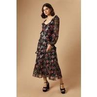 Dorothy Perkins Womens Midi Dress Floral Chiffon V Neck Ruffle Detail