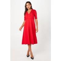 Coast Womens Midi Dress Red V-Neck Short Sleeve Fit And Flare Elegant